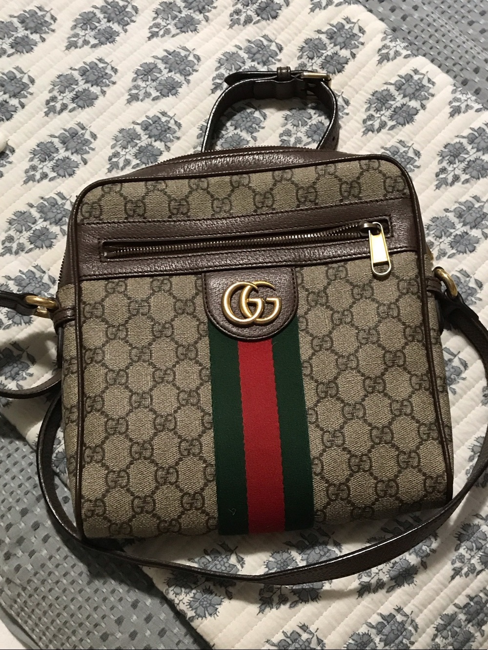 Gucci Beige/Brown GG Canvas Messenger Bag with Green and Red Web